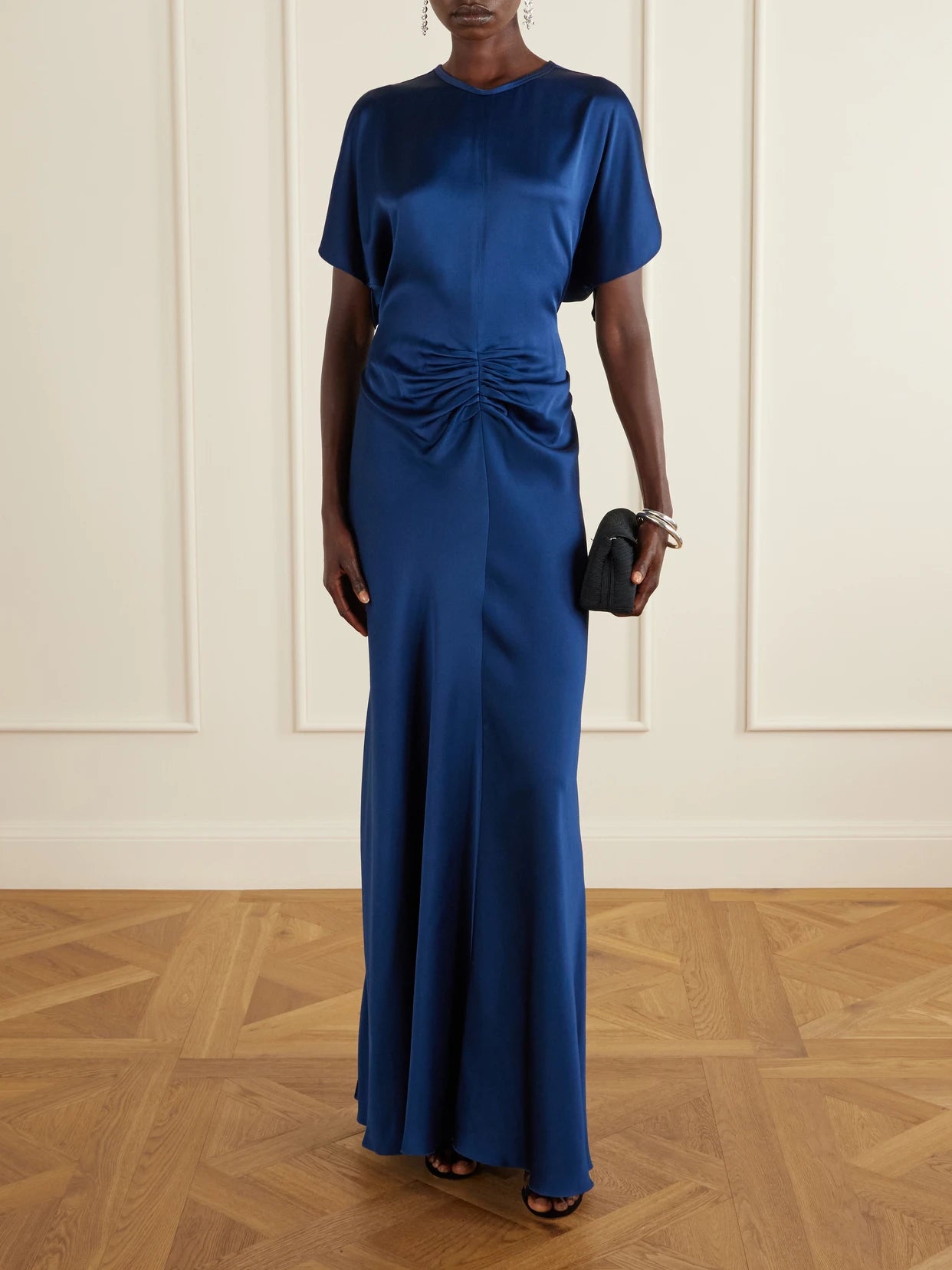Image of Dresses. Product name - Isabella Ruched Satin Gown in Navy colour by brand - Victoria Beckham