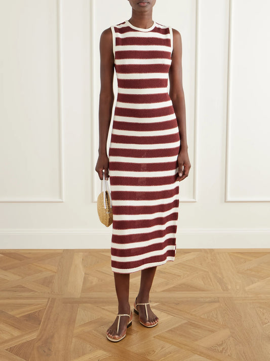 Image of Dresses. Product name - Régulière Striped Metallic Cotton-blend Midi Dress in Burgundy colour by brand - Eres