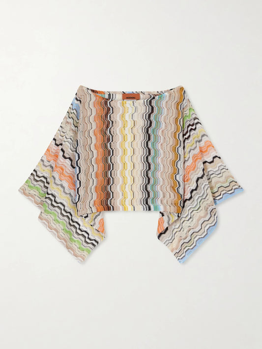 Image of a model wearing Tops. Product name - Striped Crochet-knit Top in Multi colour by brand - Missoni