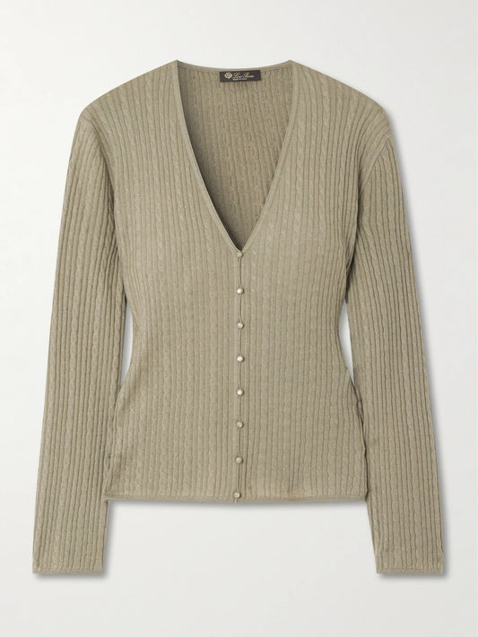 Image of a model wearing Outerwear. Product name - Rimella Cable-knit Cashmere And Silk-blend Cardigan in Sage green colour by brand - Loro Piana
