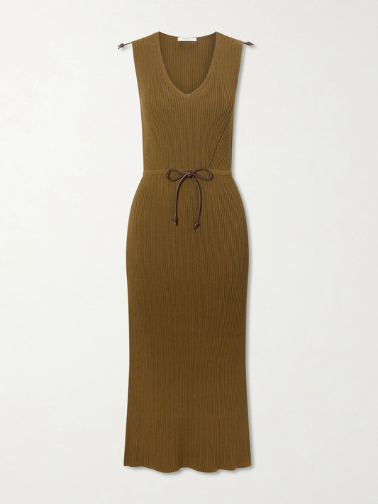 Image of Dresses. Product name - Fado Cotton-blend Ribbed-knit Midi Dress in Light brown colour by brand - Max Mara
