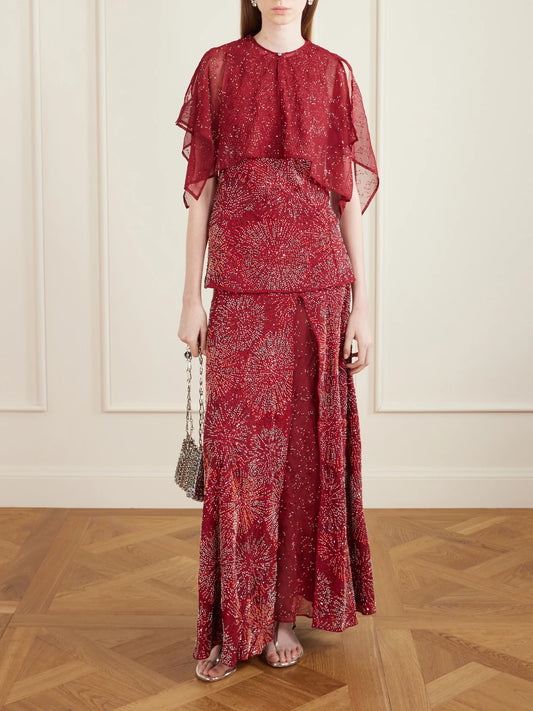 Image of a model wearing Tops. Product name - Bead-embellished Crepe And Chiffon Blouse in Red colour by brand - RABANNE