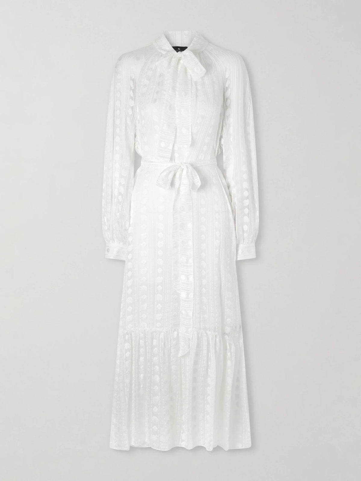 Pussy-bow Belted Tiered Jacquard Silk-chiffon Midi Dress