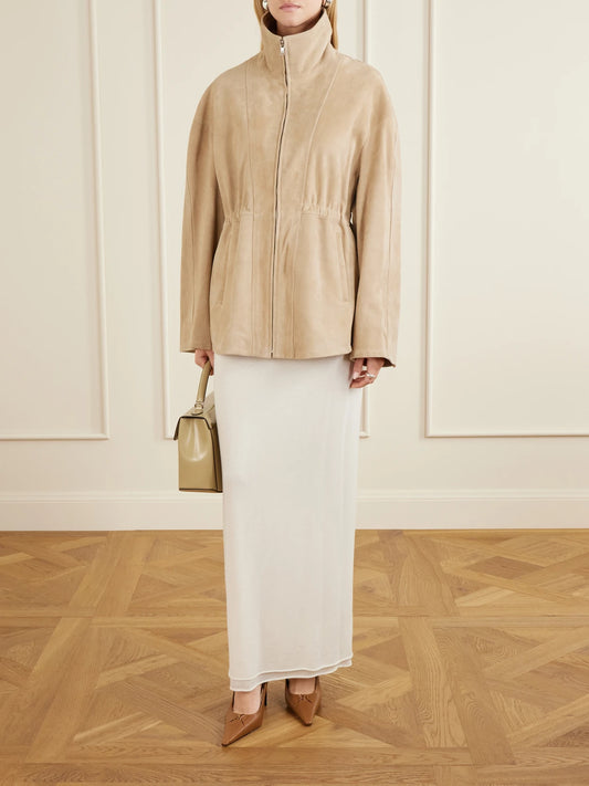 Image of Coats & Jackets. Product name - Passage Suede Jacket in Sand colour by brand - Nour Hammour