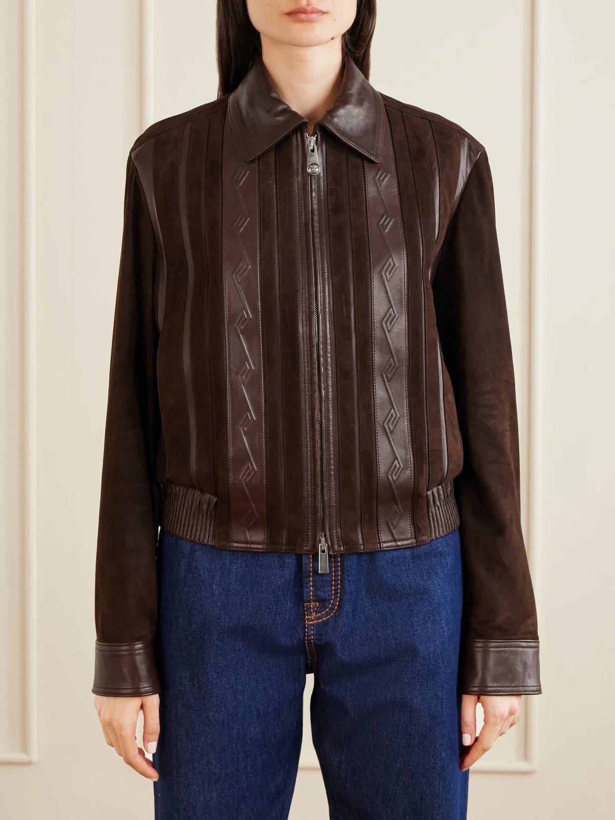 Greca-embossed Leather And Suede Jacket