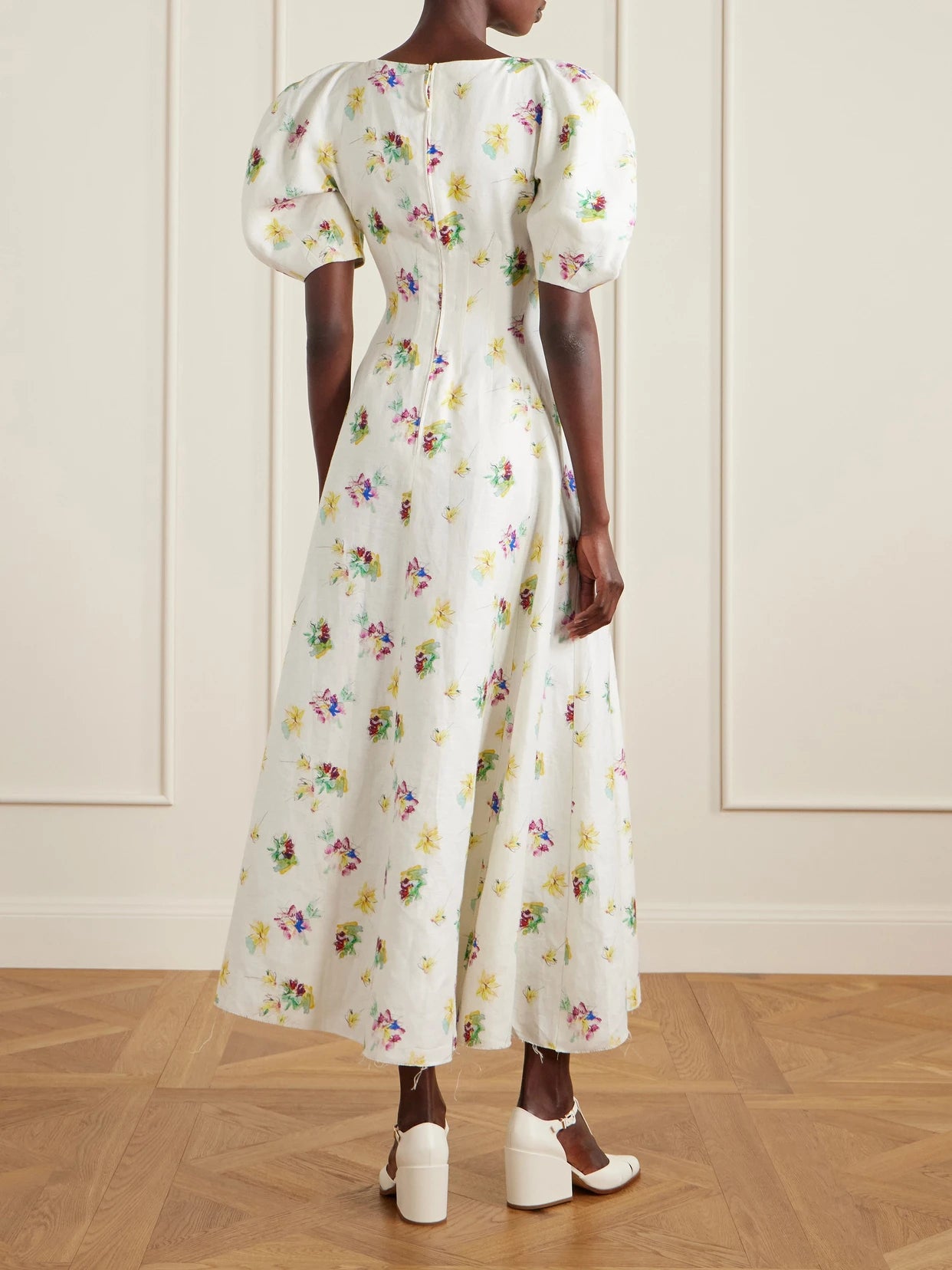 Image of Dresses. Product name - Ranya Floral-print Linen-twill Dress in Ivory colour by brand - Gabriela Hearst