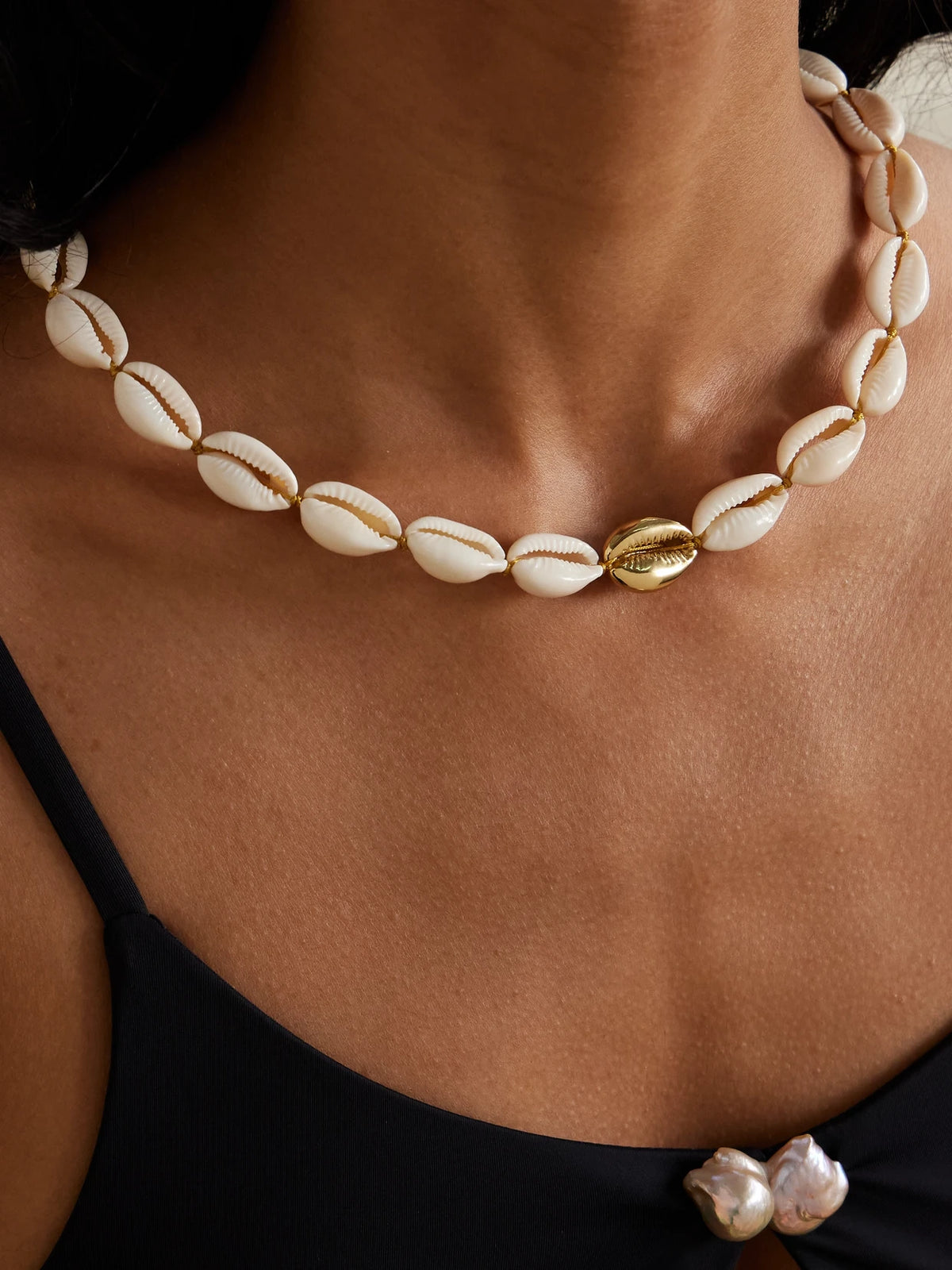 Image of Necklaces. Product name - Concha Puka Gold-plated Shell Necklace in Cream colour by brand - Tohum