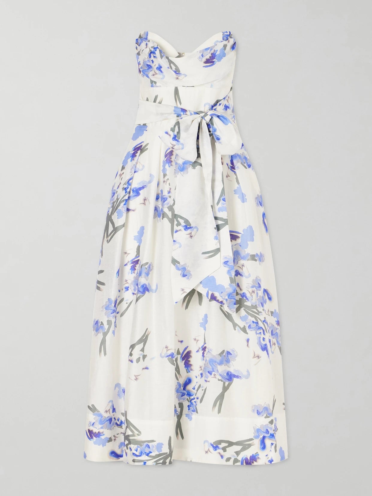 Image of Dresses. Product name - Bluebell Belted Draped Floral-print Organza Midi Dress in White colour by brand - Rebecca Vallance