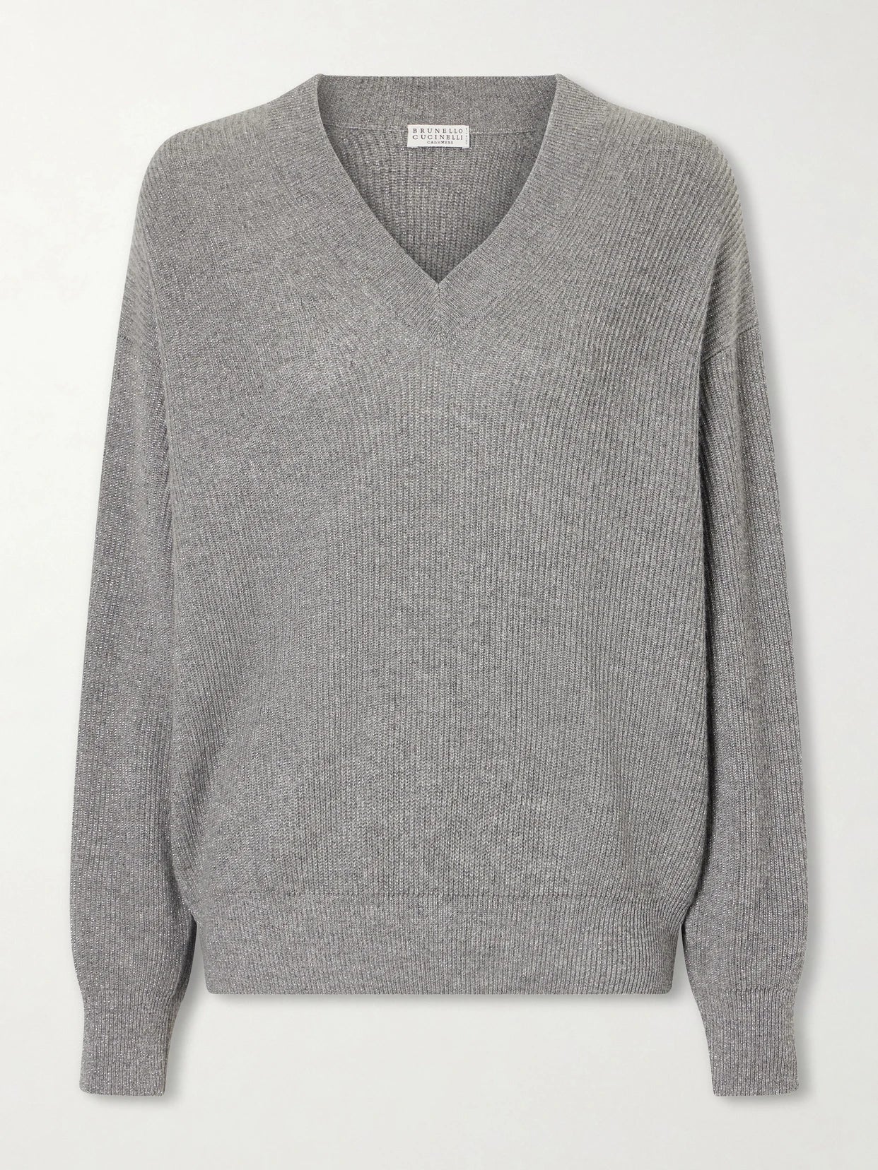 Image of a model wearing Outerwear. Product name - Ribbed-knit Metallic Cashmere-blend Sweater in Light gray colour by brand - Brunello Cucinelli