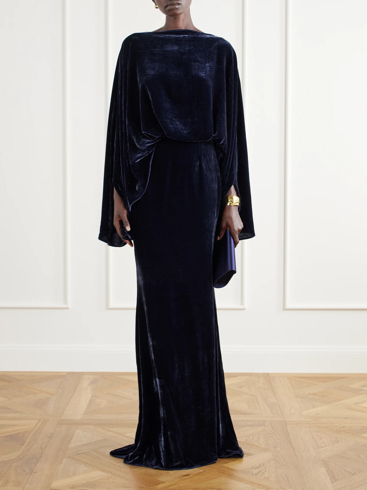 Image of Dresses. Product name - Musidora Cape-effect Draped Velvet Gown in Navy colour by brand - Taller Marmo