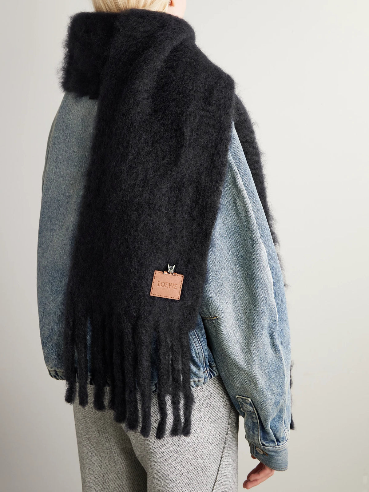 Image of Scarves & Shawls. Product name - Appliquéd Embroidered Fringed Mohair-blend Scarf in Black colour by brand - LOEWE