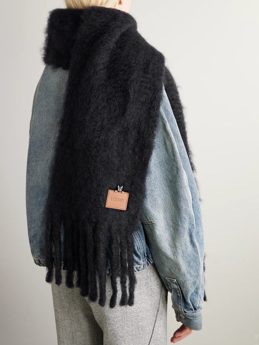 Image of Scarves & Shawls. Product name - Appliquéd Embroidered Fringed Mohair-blend Scarf in Black colour by brand - LOEWE