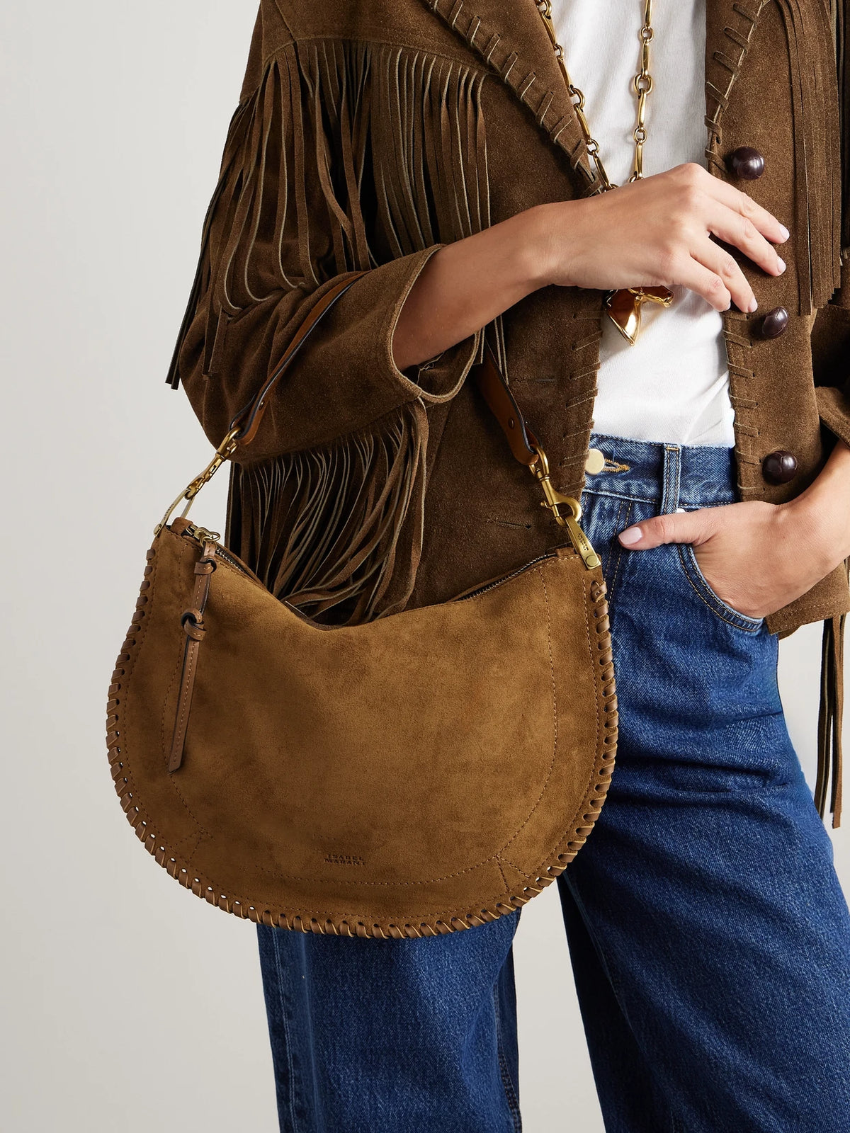 Image of Bags. Product name - Oskan Soft Zipped Leather-trimmed Suede Shoulder Bag in Tan colour by brand - ISABEL MARANT