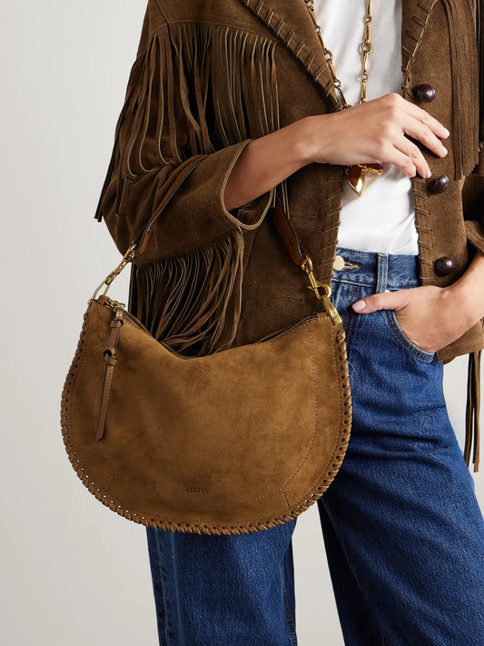 Image of Bags. Product name - Oskan Soft Zipped Leather-trimmed Suede Shoulder Bag in Tan colour by brand - ISABEL MARANT