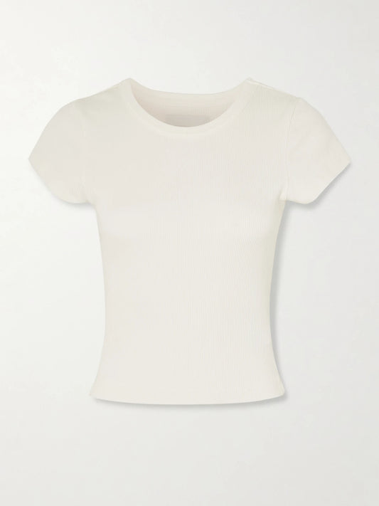 Image of a model wearing Tops. Product name - Nello Cropped Ribbed Jersey T-shirt in White colour by brand - Citizens of Humanity