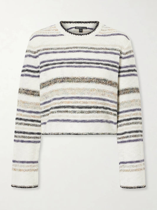 Image of a model wearing Outerwear. Product name - Striped Knitted Cotton-blend Sweater in Multi colour by brand - James Perse