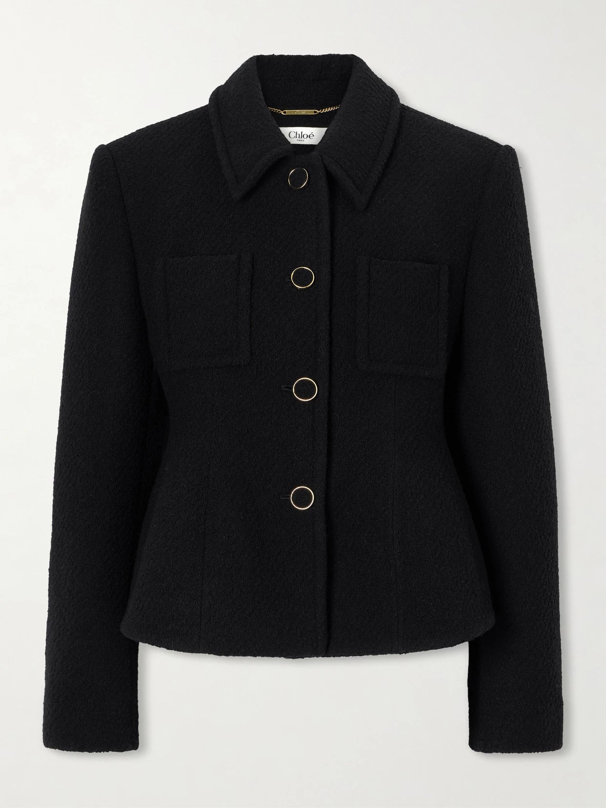 Image of Coats & Jackets. Product name - Wool-blend Bouclé Jacket in Black colour by brand - Chloé