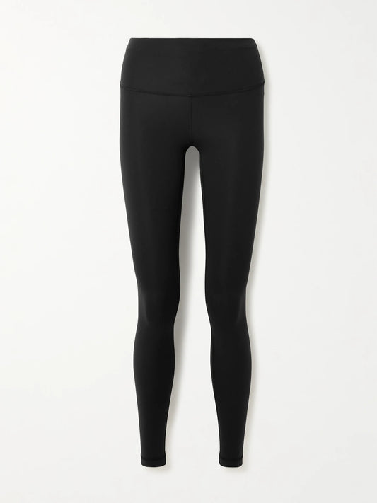 Image of a model wearing Pants. Product name - Wunder Train 28" Everlux High-rise Leggings in Black colour by brand - lululemon