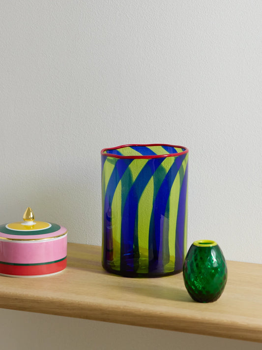 Image of Decor. Product name - Torretta Striped Murano Glass Vase in Blue colour by brand - La DoubleJ