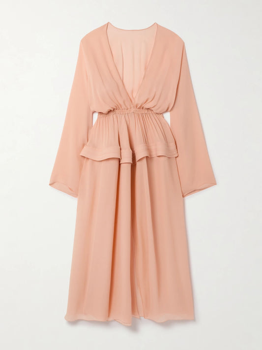 Image of Dresses. Product name - Gathered Georgette Peplum Midi Dress in Peach colour by brand - Alaïa