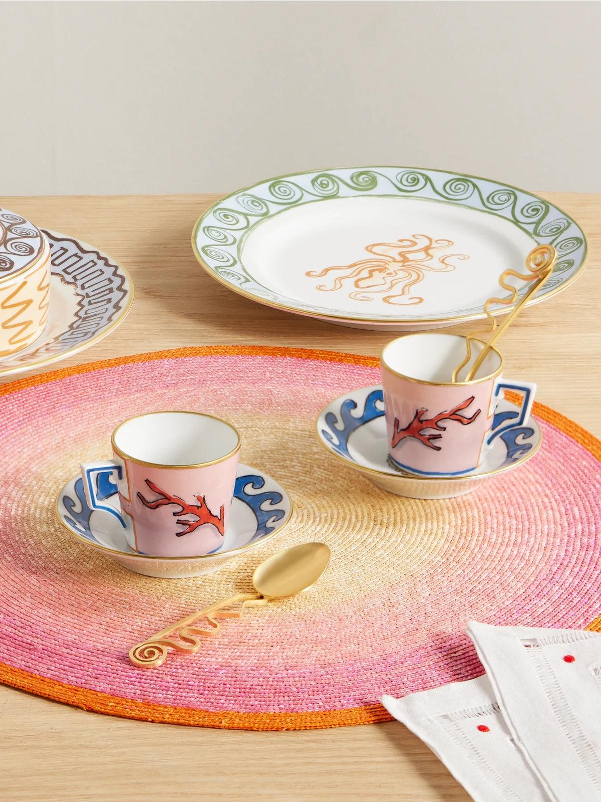 Image of Tableware. Product name - + Luke Edward Hall Il Viaggio Di Nettuno Set Of Two Gold-plated Porcelain Coffee Cups And Saucers in Pink colour by brand - GINORI 1735