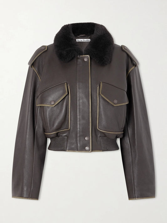 Image of Coats & Jackets. Product name - Shearling Bomber Jacket in Dark brown colour by brand - Acne Studios