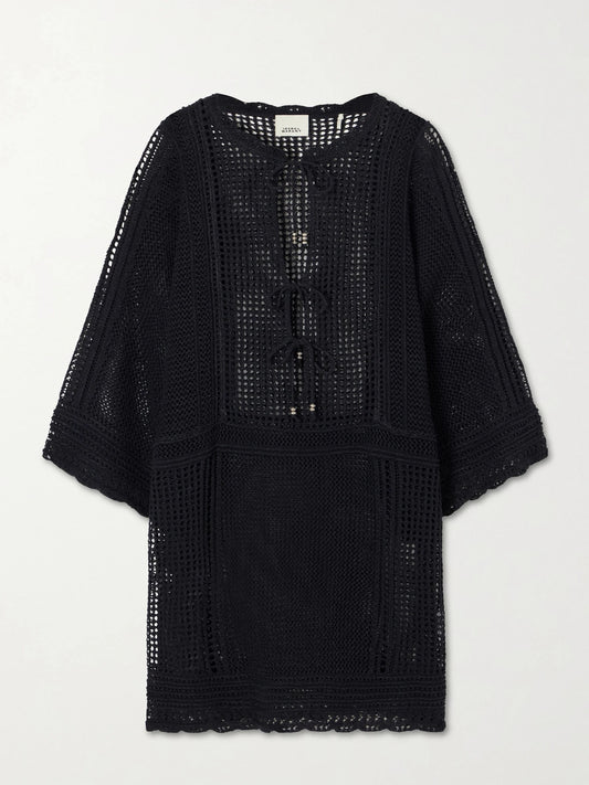 Image of Dresses. Product name - Metina Crocheted Cotton-blend Mini Dress in Black colour by brand - ISABEL MARANT