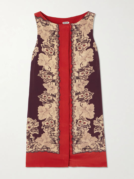Image of Dresses. Product name - Storybook Printed Silk Mini Dress in Red colour by brand - BODE