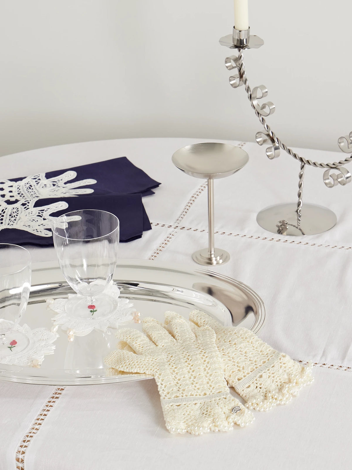 Image of Tableware. Product name - Pearl-like Trimmed Crocheted Cotton Gloves in White colour by brand - Gohar World