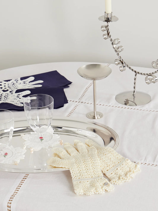 Image of Tableware. Product name - Pearl-like Trimmed Crocheted Cotton Gloves in White colour by brand - Gohar World