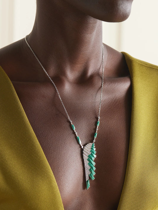 Image of Necklaces. Product name - Wings Rising 18-karat White Gold, Malachite And Diamond Necklace in Multi colour by brand - Garrard