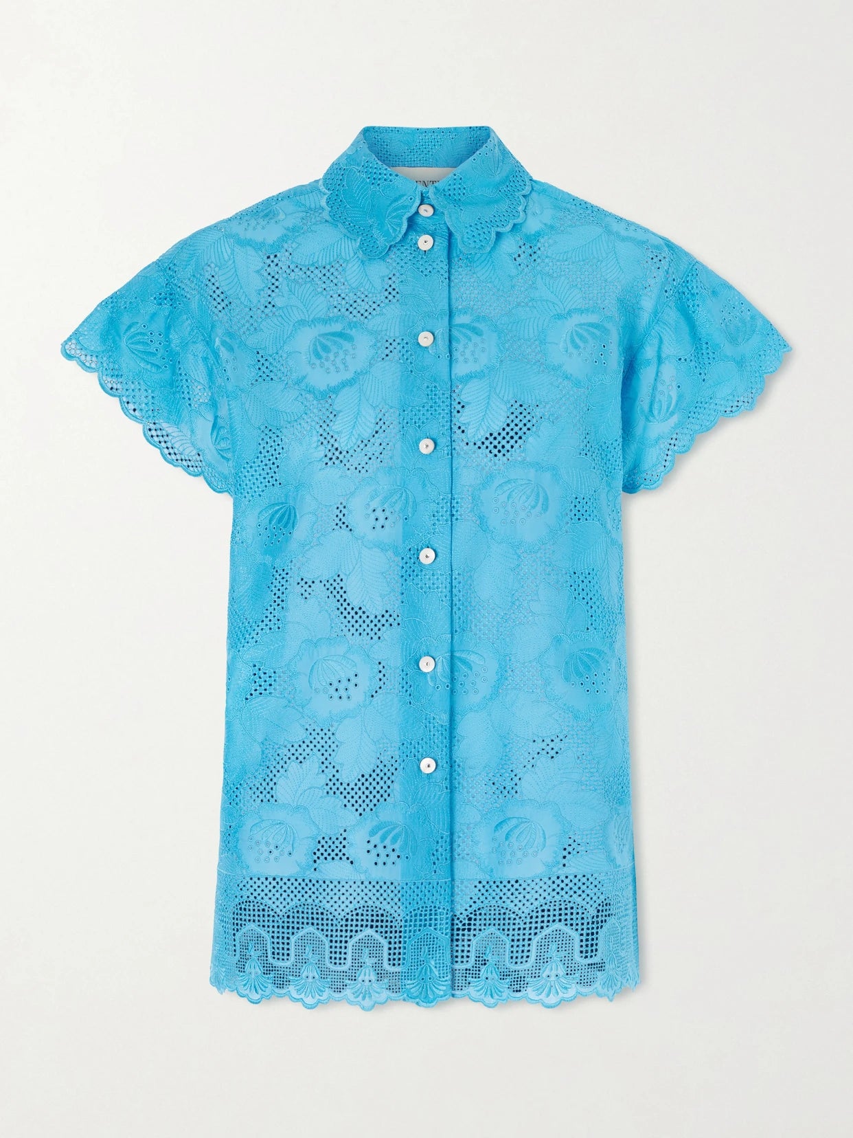 Image of a model wearing Tops. Product name - Broderie Anglaise Cotton Shirt in Blue colour by brand - Valentino Garavani