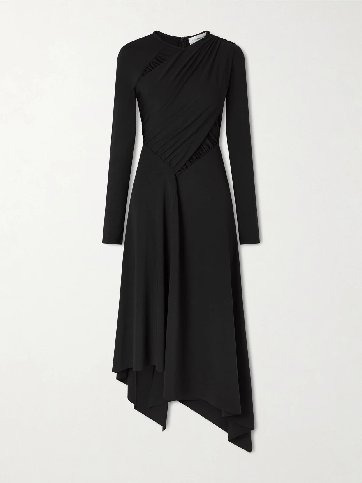 Image of Dresses. Product name - Gathered Crepe Midi Dress in Black colour by brand - Victoria Beckham