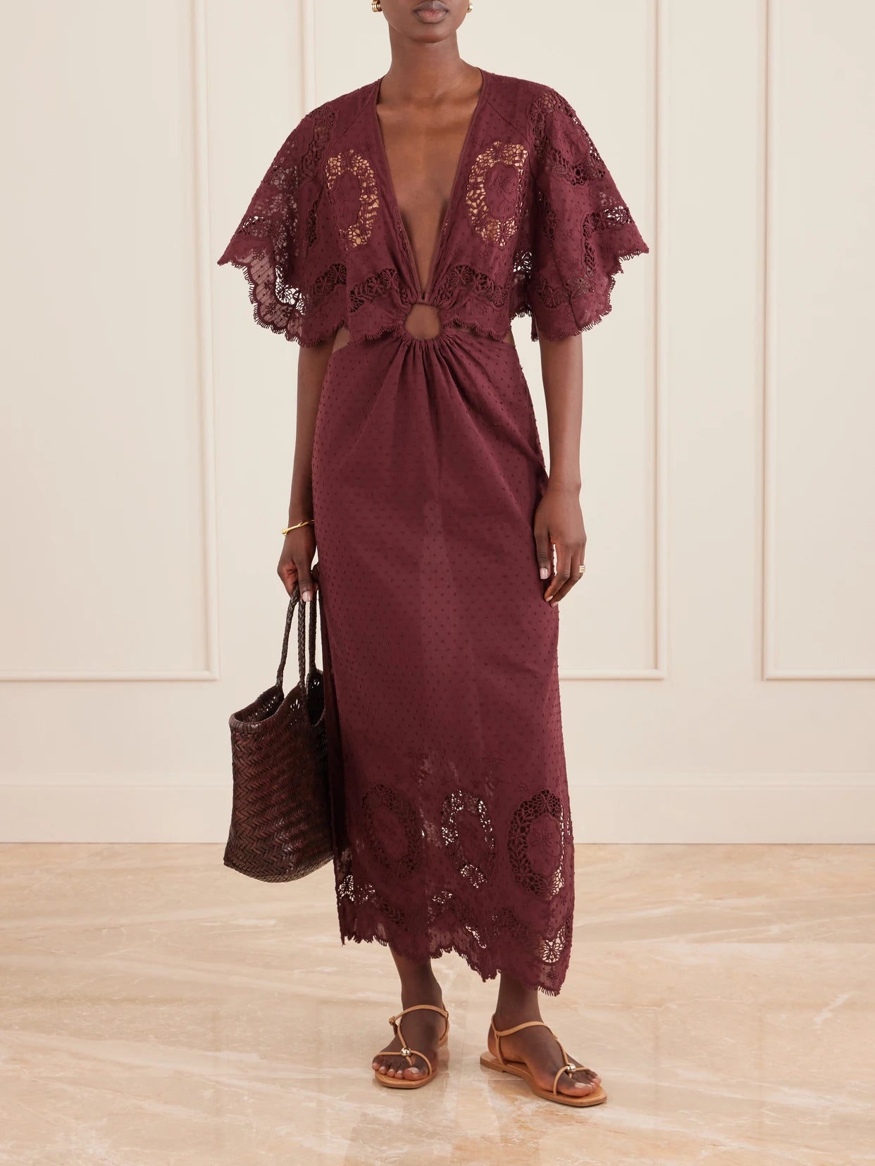 Image of Dresses. Product name - Paradise Crocheted-trimmed Cotton-blend Maxi Dress in Burgundy colour by brand - Johanna Ortiz
