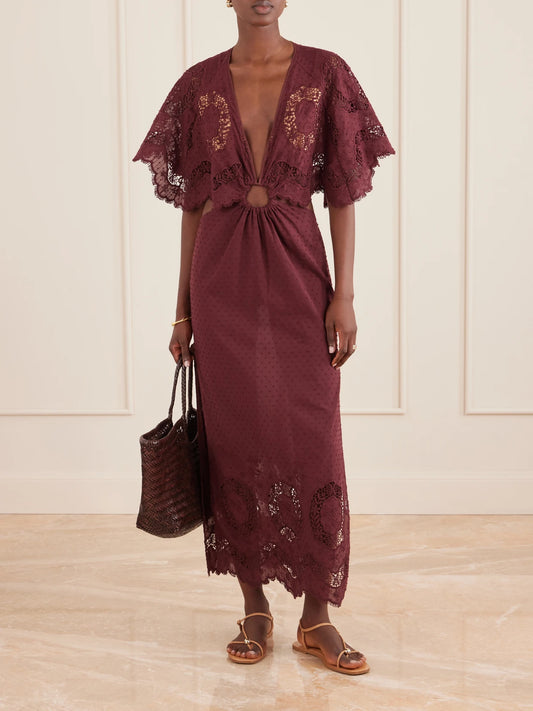 Image of Dresses. Product name - Paradise Crocheted-trimmed Cotton-blend Maxi Dress in Burgundy colour by brand - Johanna Ortiz
