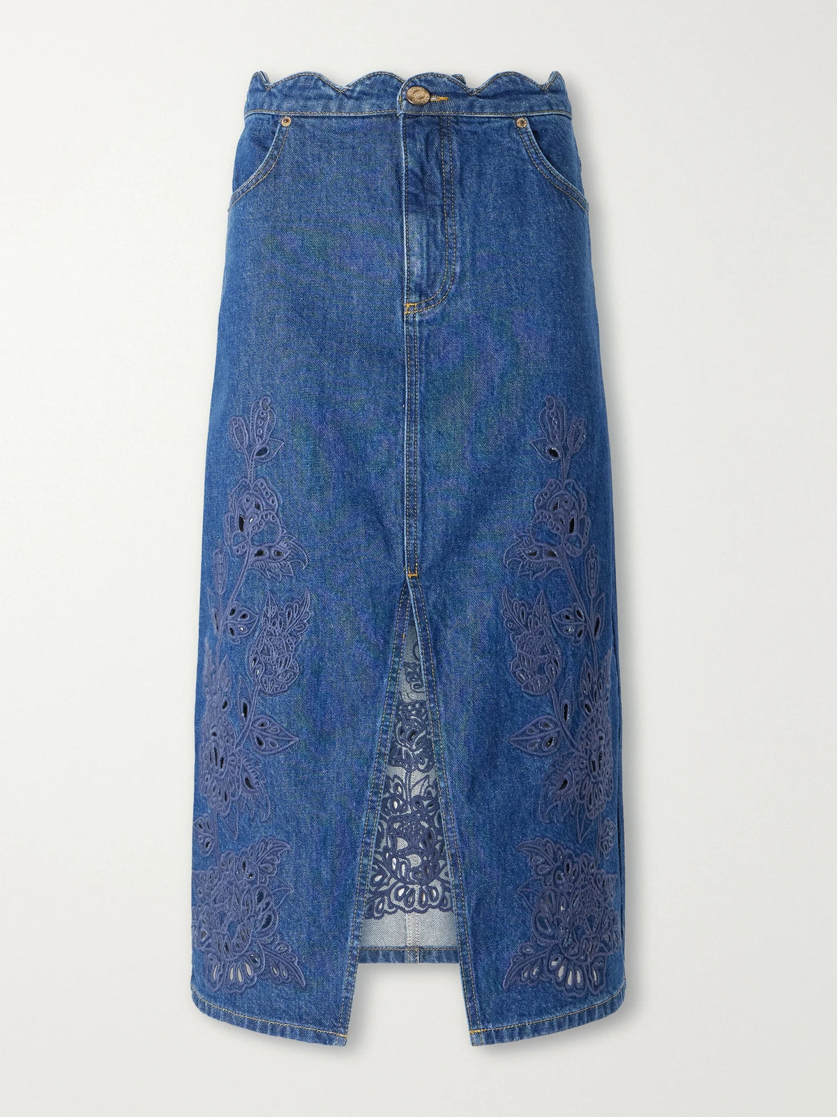 Farm Rio Scalloped Richilieu Denim Midi Skirt