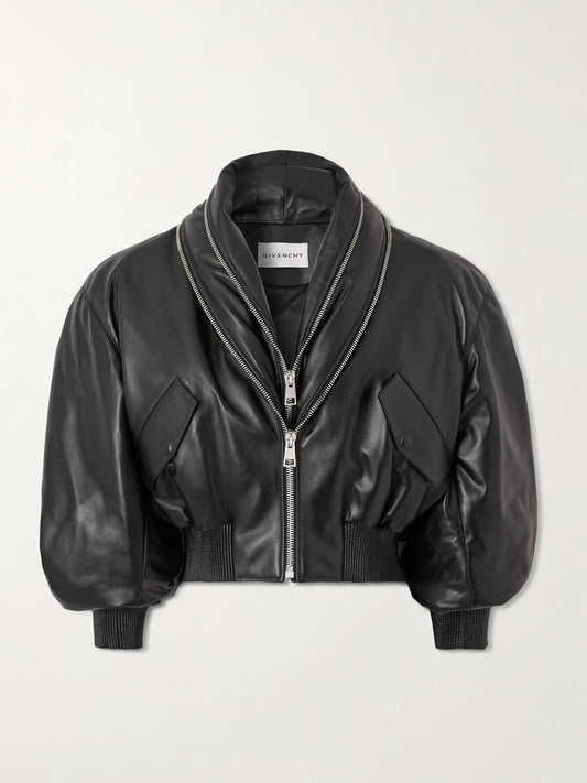 Image of Coats & Jackets. Product name - Cropped Layered Leather Bomber Jacket in Black colour by brand - Givenchy