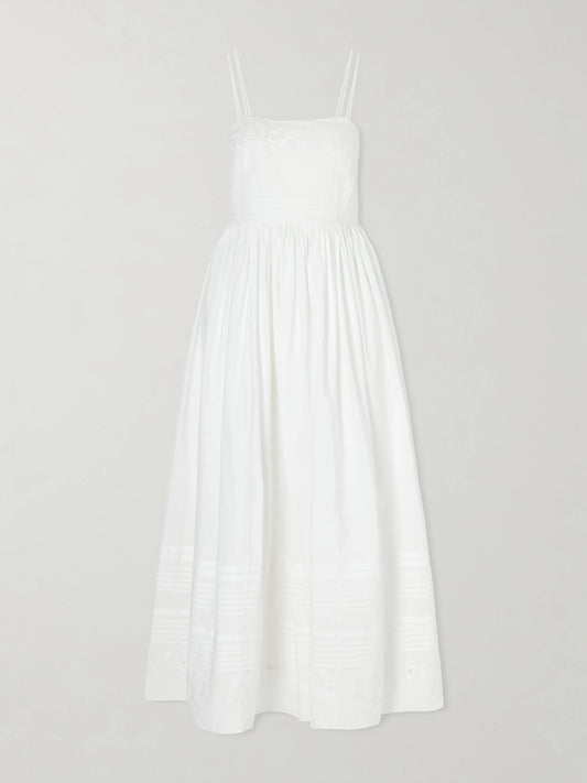 Image of Dresses. Product name - Chamomile Pintucked Embroidered Cotton-poplin Midi Dress in White colour by brand - BODE