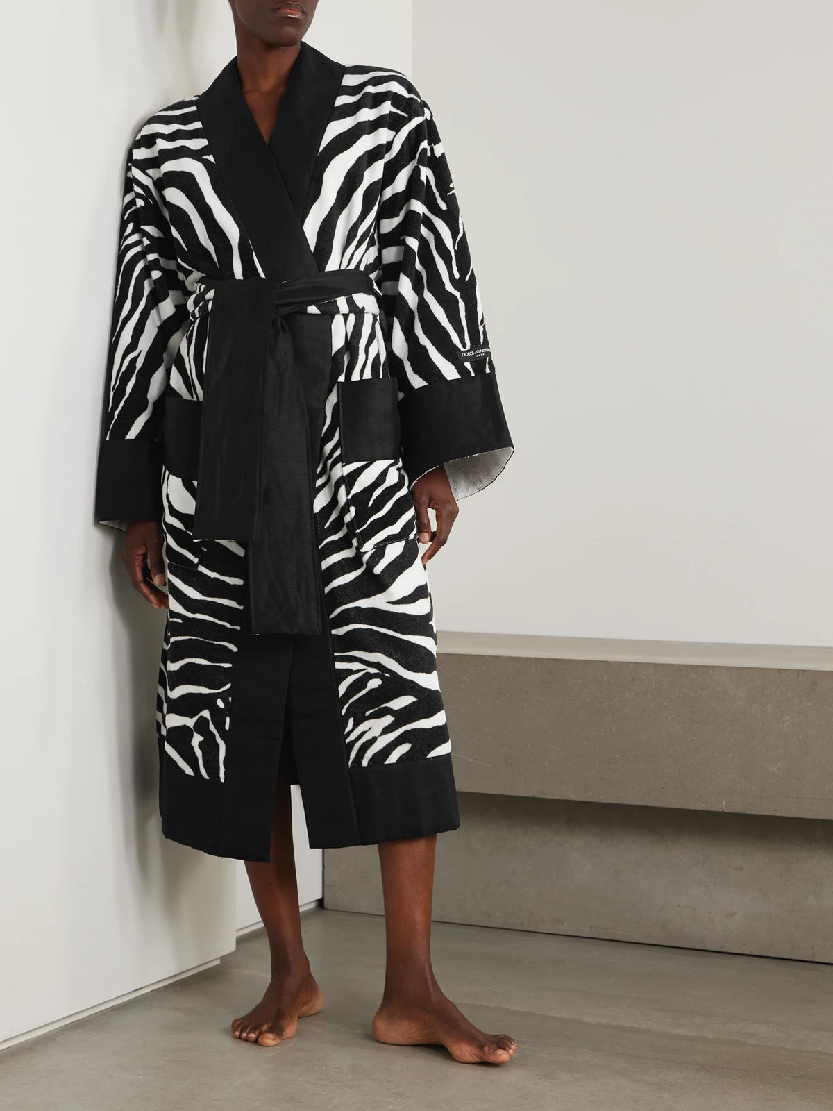 Image of Lingerie. Product name - Belted Zebra-print Cotton-terry Robe in Zebra print colour by brand - Dolce & Gabbana