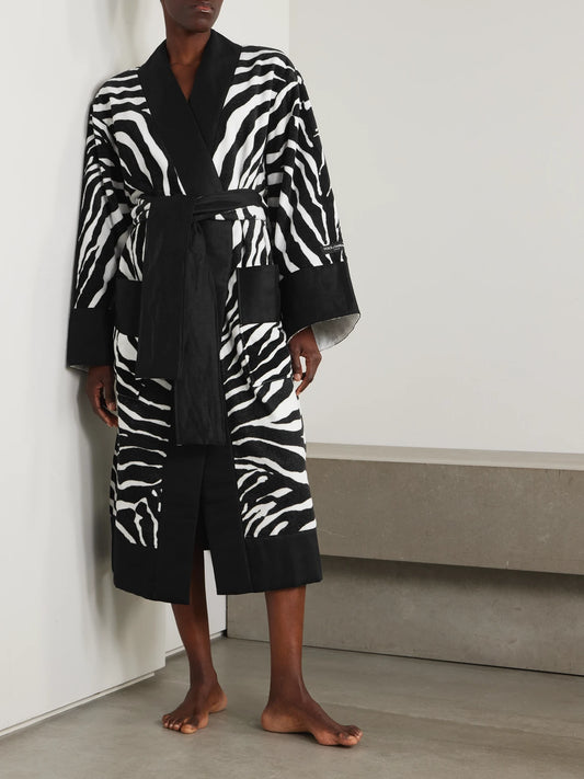 Image of Lingerie. Product name - Belted Zebra-print Cotton-terry Robe in Zebra print colour by brand - Dolce & Gabbana