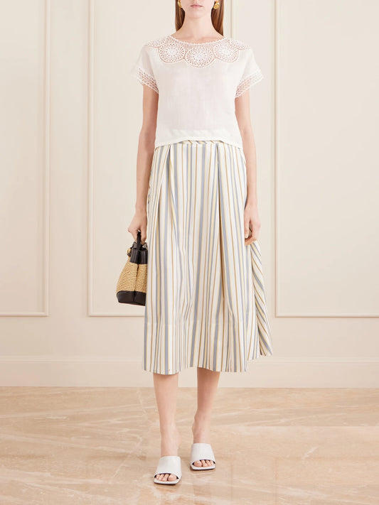 Image of a model wearing Tops. Product name - Caila Crochet-trimmed Ramie Top in Ivory colour by brand - Nili Lotan