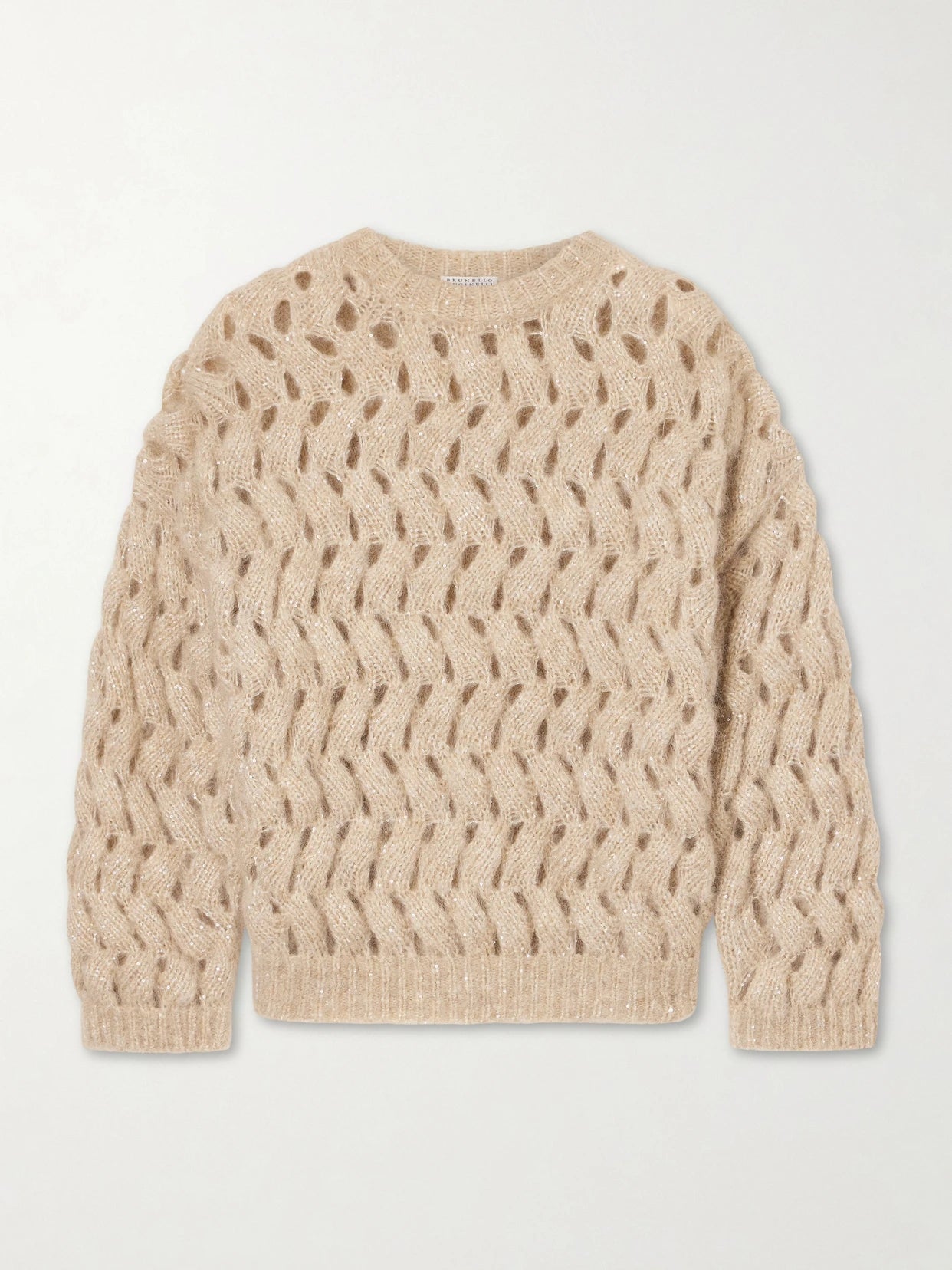 Image of a model wearing Outerwear. Product name - Sequin-embellished Open-knit Mohair-blend Sweater in Beige colour by brand - Brunello Cucinelli