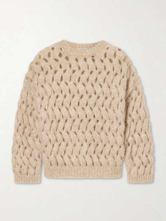 Image of a model wearing Outerwear. Product name - Sequin-embellished Open-knit Mohair-blend Sweater in Beige colour by brand - Brunello Cucinelli