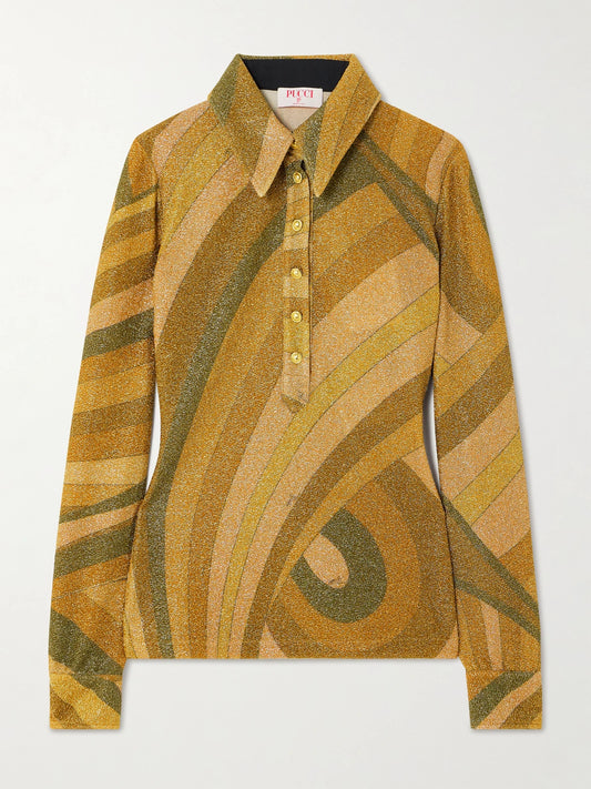 Image of a model wearing Tops. Product name - Printed Metallic Jersey Polo Shirt in Gold colour by brand - PUCCI