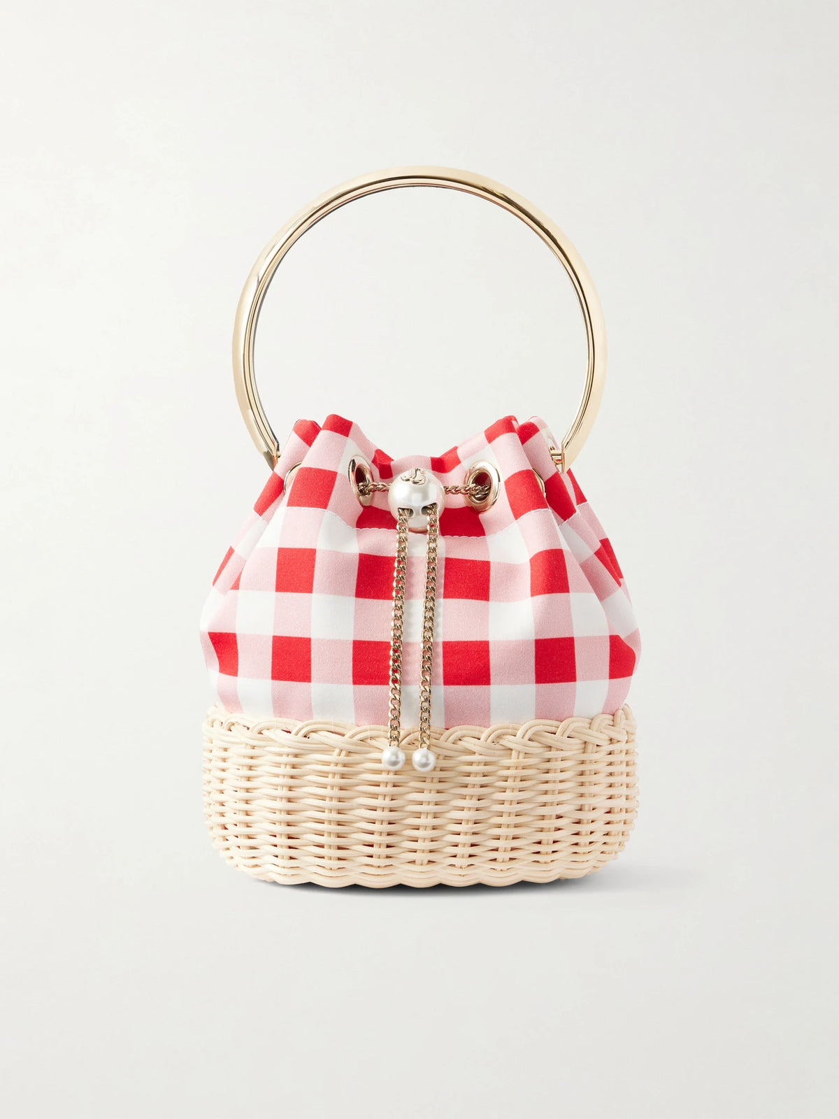 Bon Bon Embellished Woven Raffia Checked Woven Bucket Bag