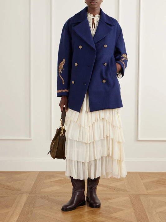Image of Coats & Jackets. Product name - Rivoli Bead-embellished Embroidered Double-breasted Wool-twill Coat in Navy colour by brand - ALIX OF BOHEMIA