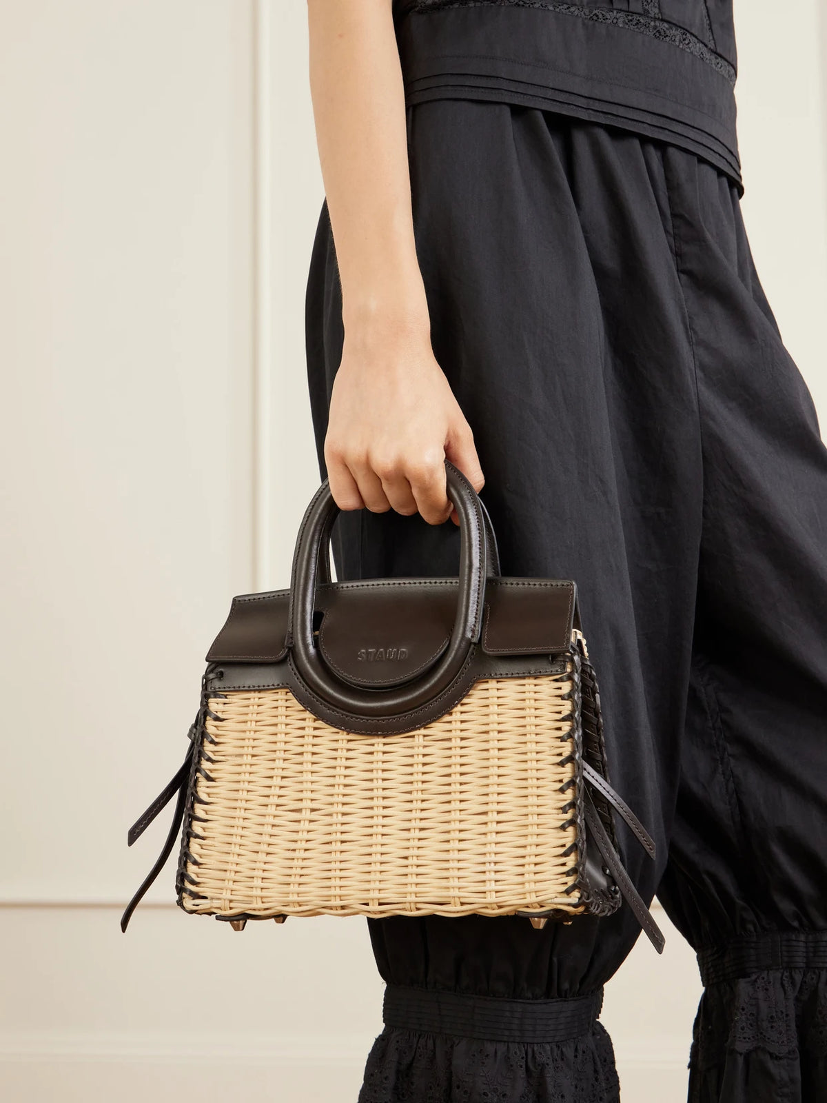 Image of Bags. Product name - Maude Mini Leather-trimmed Raffia Tote in Cream colour by brand - STAUD