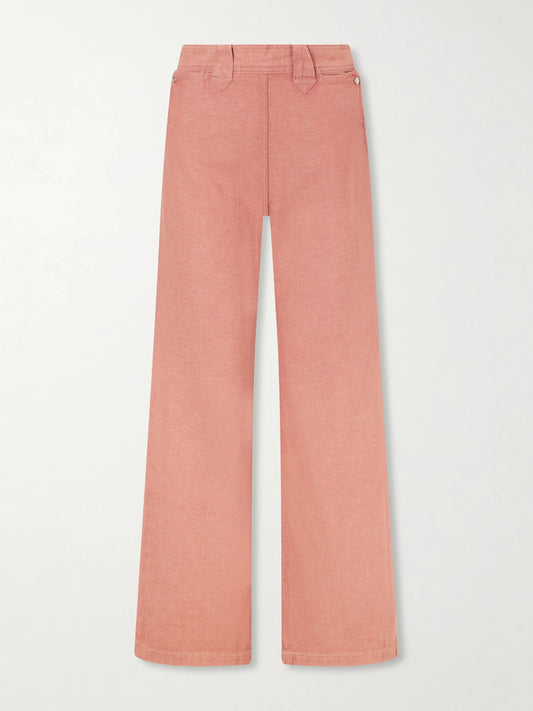 Image of a model wearing Pants. Product name - Billie Cotton And Linen-blend Flared Pants in Pink colour by brand - RRL