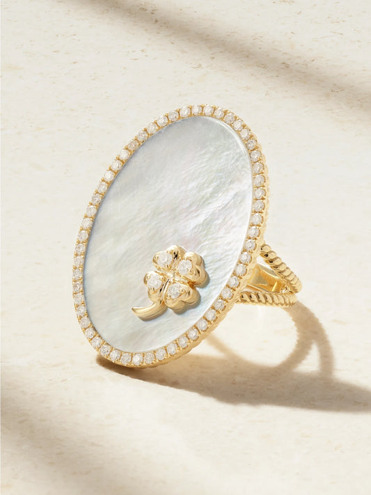 Médaillon Trèfle 9-karat Gold, Mother-of-pearl And Diamond Ring