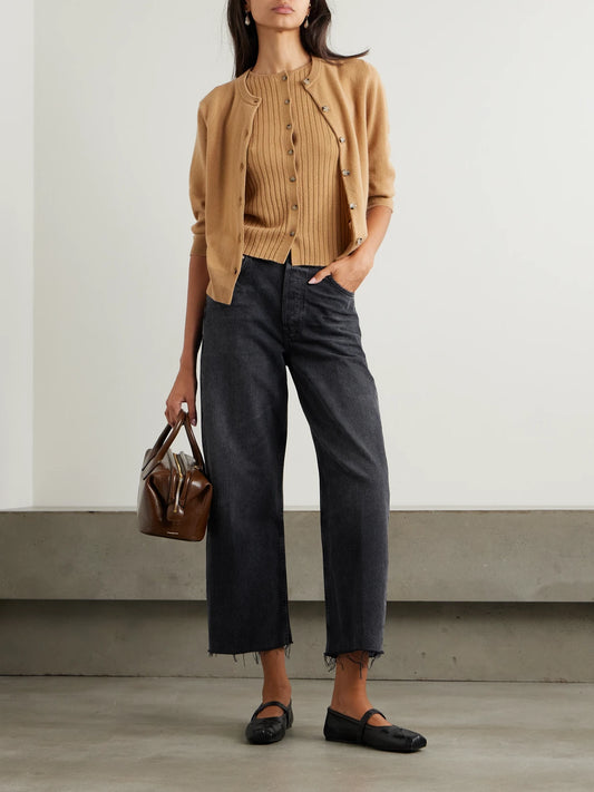 Image of Jeans. Product name - Ayla Cropped Frayed High-rise Wide-leg Jeans in Black colour by brand - Citizens of Humanity